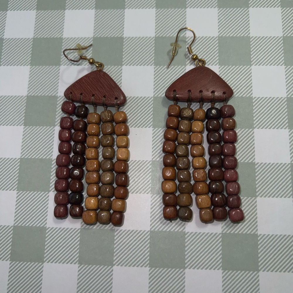 Wooden Beaded Dangle Earrings - Picture 3 of 6